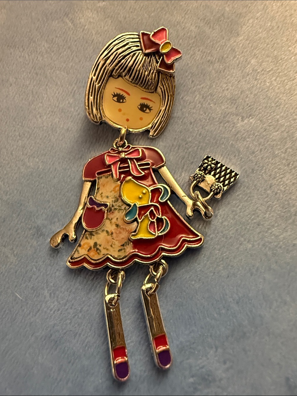 Enamel Doll Brooch Pin in Red & Gold New